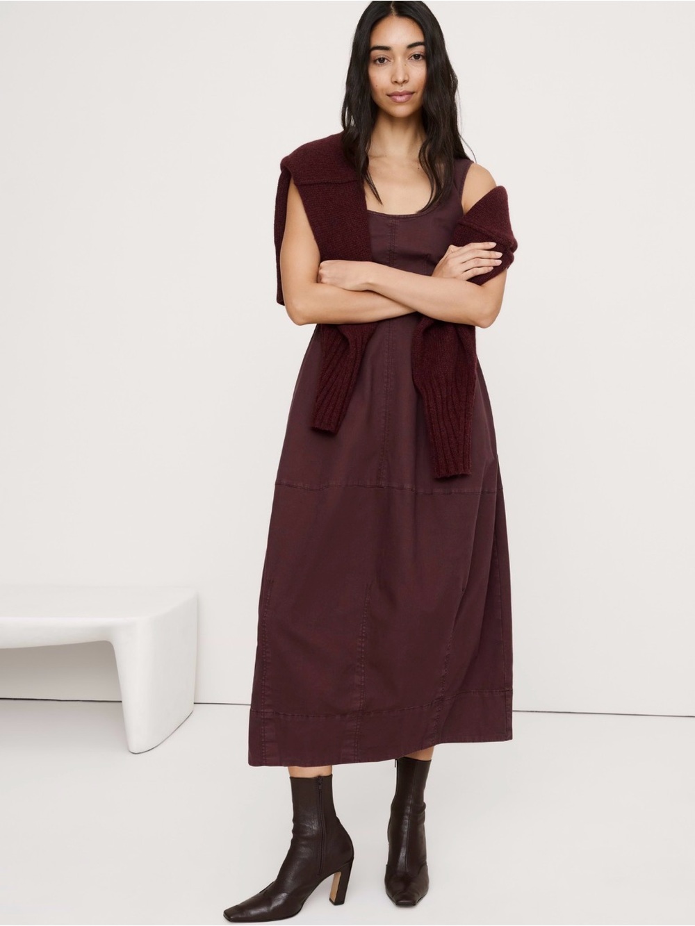 NWT Banana Republic Stretch Cotton Barrel Midi Molasses Brown Dress Sz 12